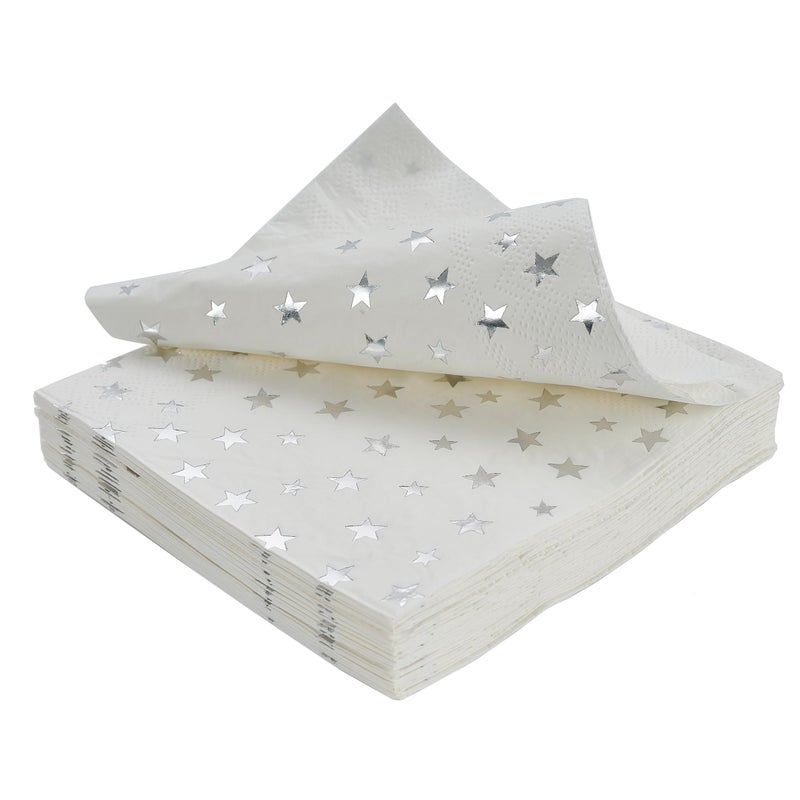 VORMOR Silver Star Cocktail Napkins 100 Counts 2-Ply 5'' White and Silver Disposable Paper NapkinsPerfect for Birthday Party Supplies Wedding Bridal Shower Baby Shower Valentine's Day+? - Image 1